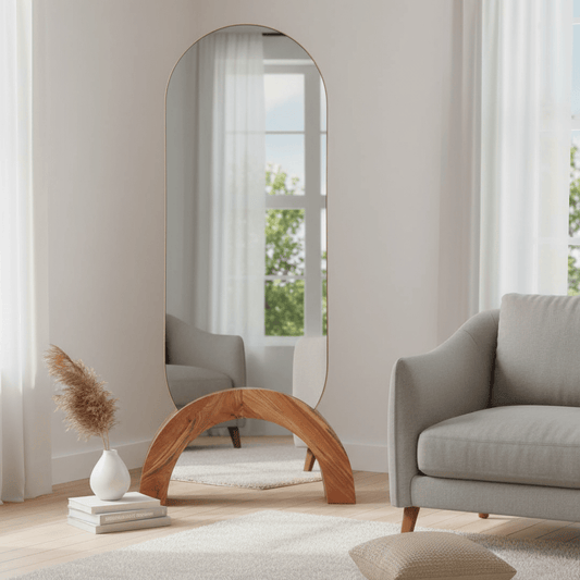 Arula Pill Mirror with Crescent Wooden Base