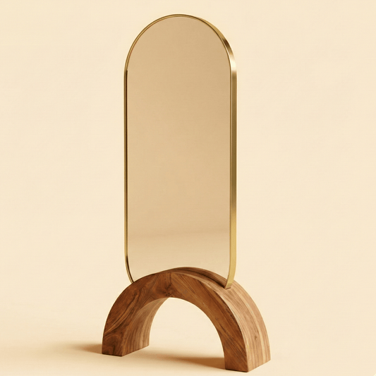 Arula Pill Mirror with Crescent Wooden Base